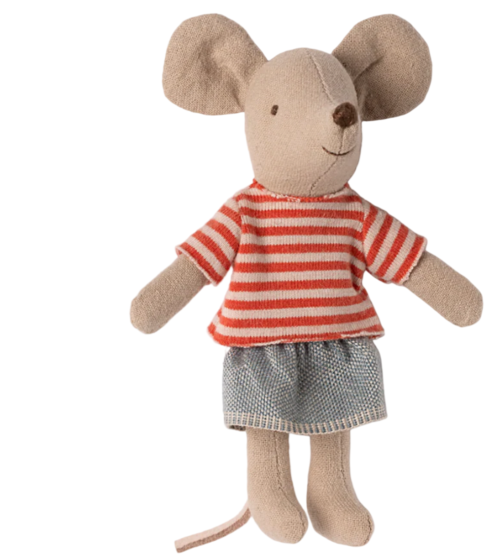 Stuffed toy mouse wearing a red and white striped shirt and gray skirt on a white background