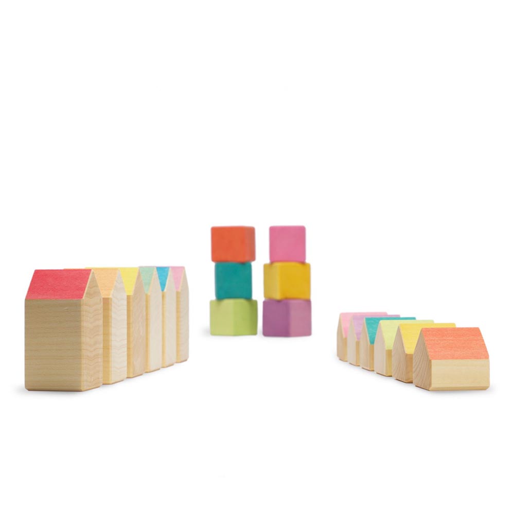 Ocamora Little Houses & Cubes In Rainbow Colors Quality European Wooden Toys