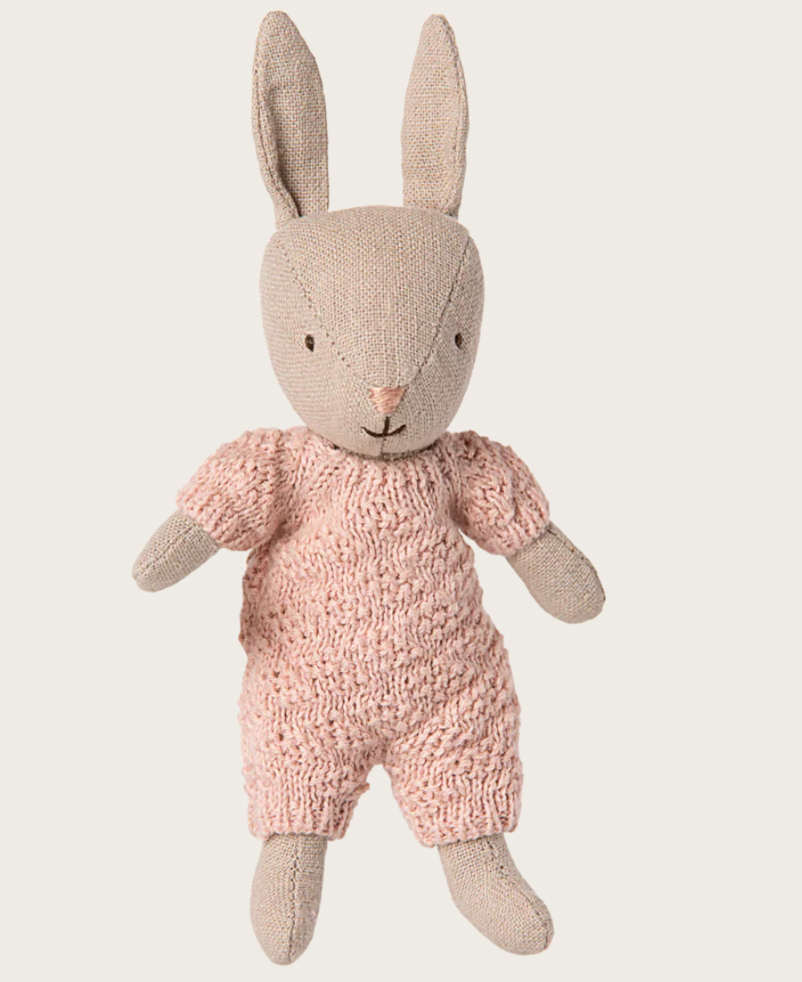Preorder Maileg Bunny/Rabbit, Micro - Brown/Dusty, Brown/Blue, or Sand/Rose rose knitted suit (Expected Delivery 10.1.2025)