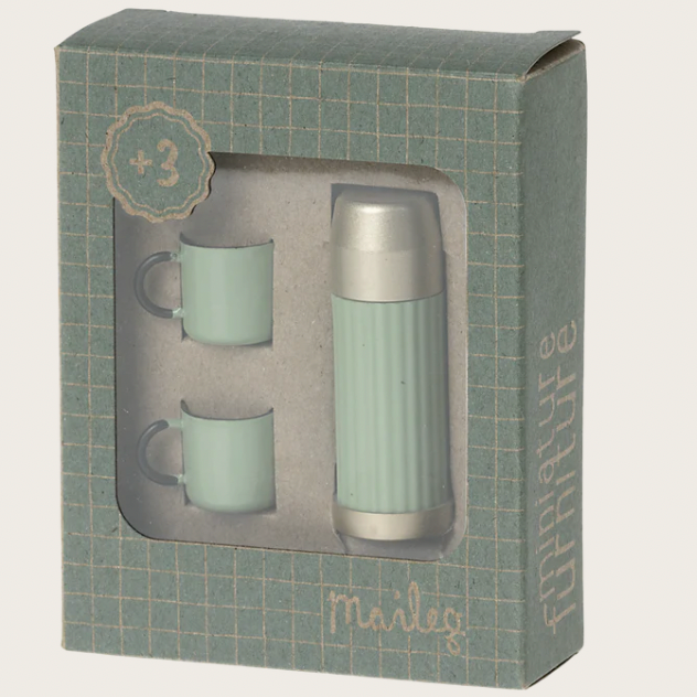 Maileg Thermos and Cups, Mouse (Mint or Soft Coral)