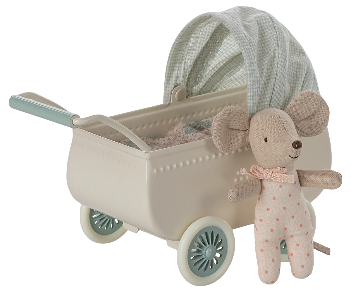Maileg Pram with baby mouse - Mint