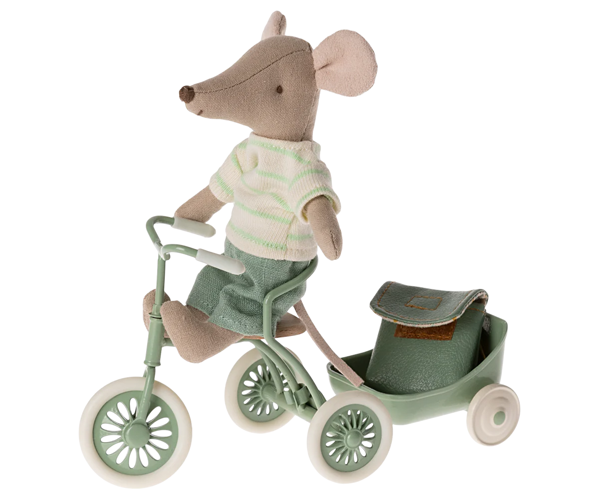 Maileg Tricycle Mouse Big Brother with Bag- Mint
